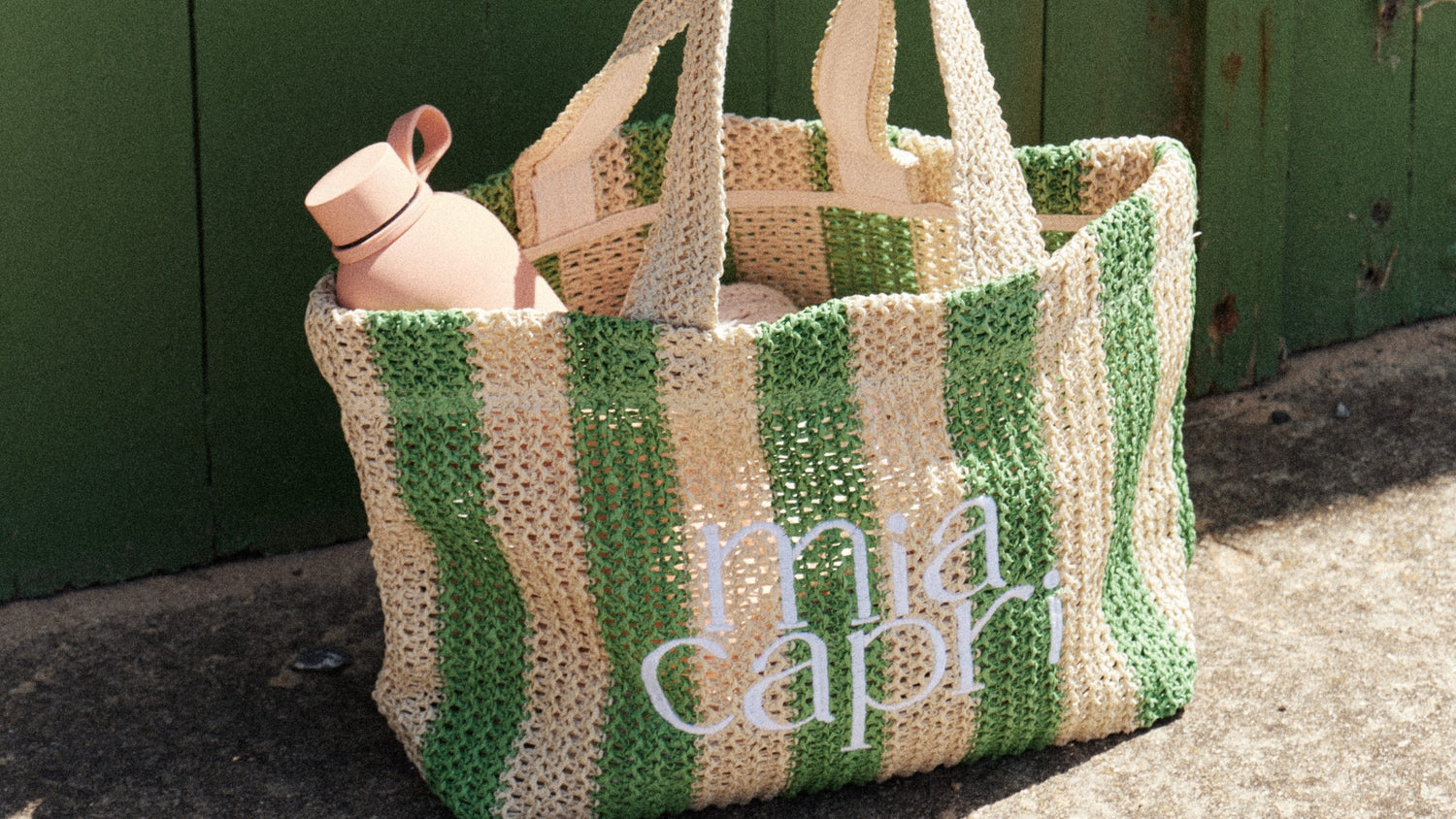 Mia Capri Vacay Beach Bag. Green & Cream stripe with logo